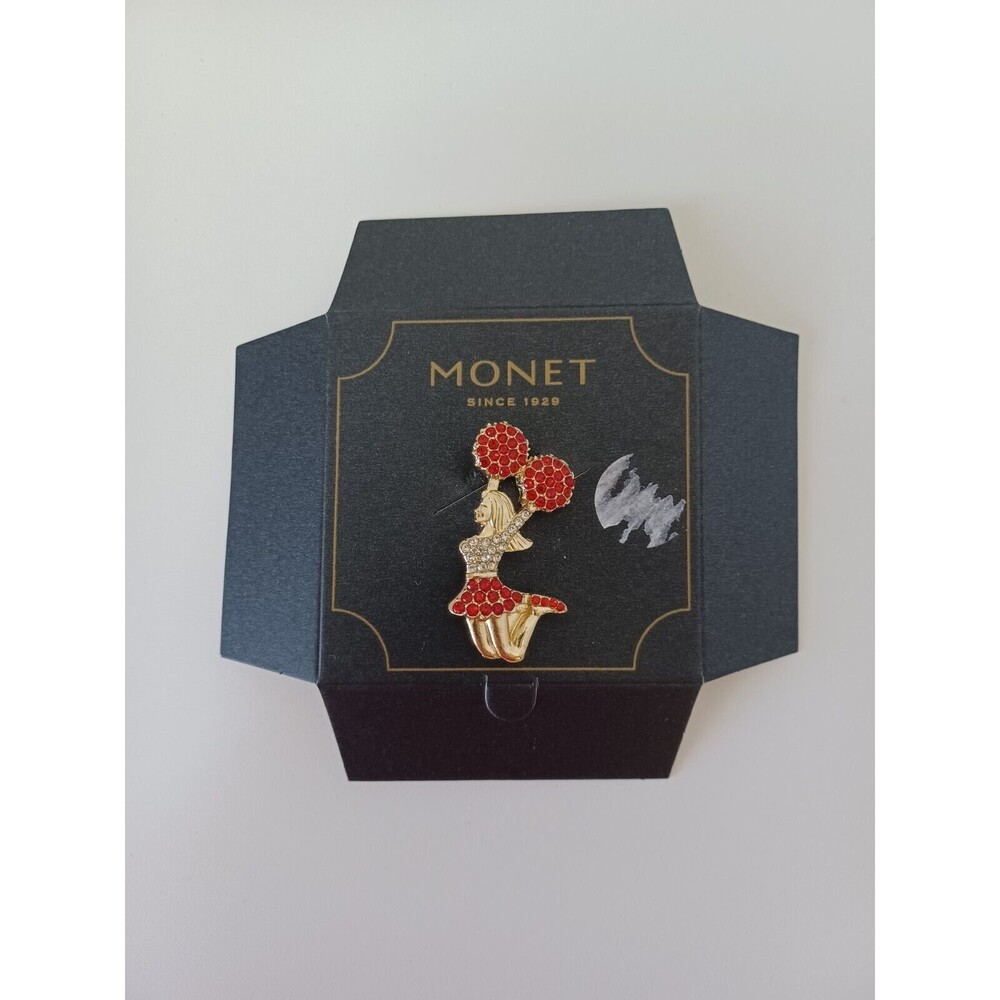 Monet Cheerleader Brooch Pin Red White Rhinestones Goldtone